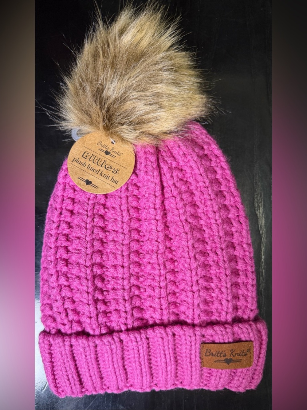 Britts Knits Kids Plush-Lined Knit Beanie in Bright Pink with Faux Fur Pom